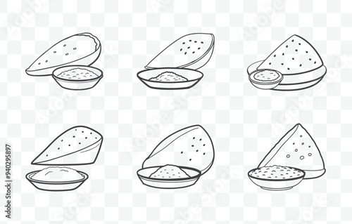 Print Dosa Line Art Vector Set with Detailed Traditional Indian Crepe Illustrations for Food Design and Culinary Projects