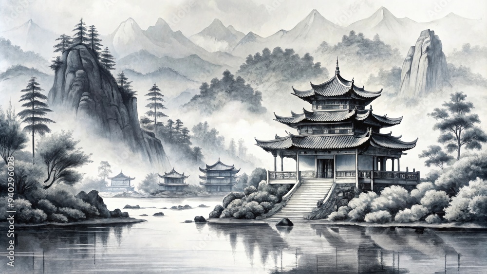 Obraz premium Explore the beauty of Asia through intricate ink s, Asia, ink, art, culture, traditional, drawing, painting