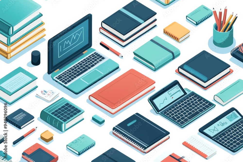 Illustration of educational learning tools set on table created with Generative AI Illustration of educational learning tools set on table created with Generative AI