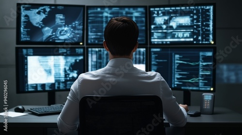 Cybersecurity Specialist: A lone hacker, shrouded in darkness, monitors multiple screens filled with complex code and data streams. 