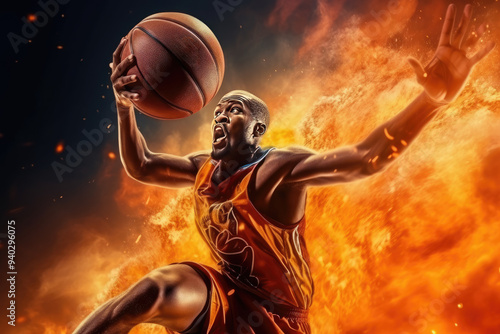 Intense basketball player in mid-action on a fiery background, capturing the energy and dynamic motion of the sport photo