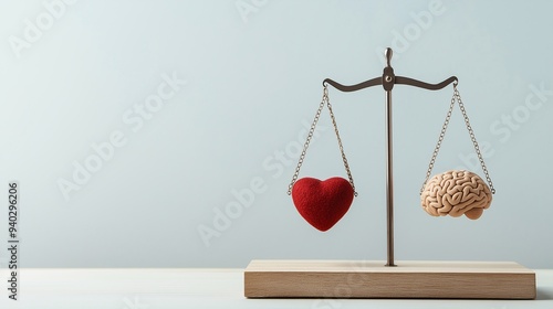 Heart vs. Mind: A delicate balance is depicted as a red heart and a human brain hang from a vintage scale, symbolizing the constant interplay between emotion and intellect.