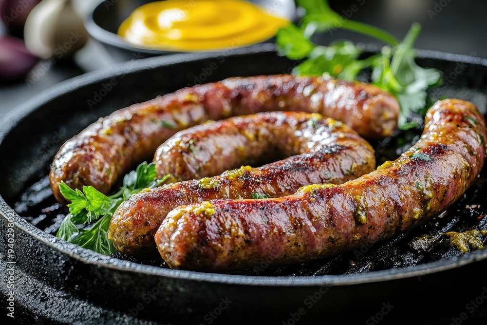 Grilled Sausages with Parsley and Mustard in a Cast Iron Pan Grilled Sausages with Parsley and Mustard in a Cast Iron Pan