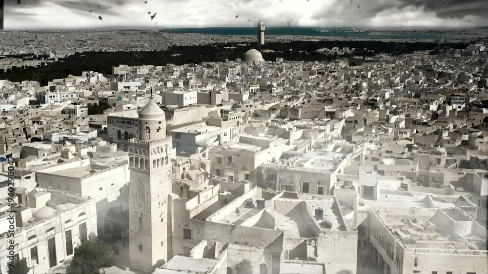 An aerial view of a historic city with a minaret and dome, framed by a dramatic sky.
An aerial view of a historic city with a minaret and dome, framed by a dramatic sky.