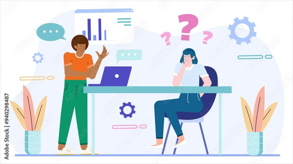 Team collaboration and problem solving in modern office setting illustration business animated video Team collaboration and problem solving in modern office setting illustration business animated video