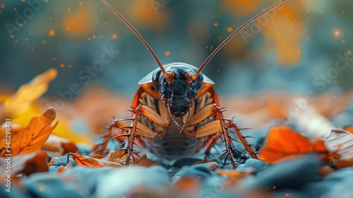 A close-up image of a large red and black insect, possibly a beetle,