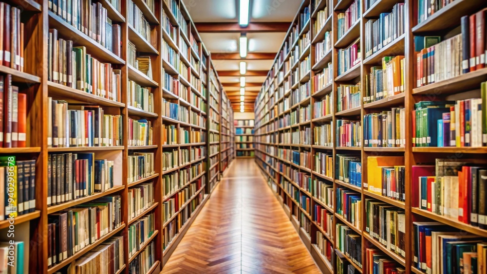 Library with rows of shelves filled with books, creating a diminishing perspective and shallow depth of field Library with rows of shelves filled with books, creating a diminishing perspective and shallow depth of field