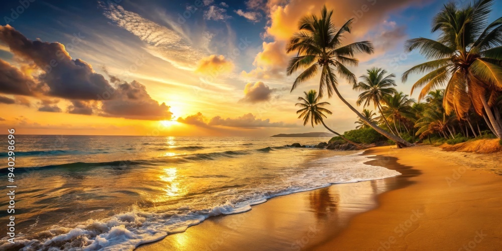 Golden sunset over tranquil tropical beach with gentle waves and palm trees, sunset, tropical, beach, waves, palm trees Golden sunset over tranquil tropical beach with gentle waves and palm trees, sunset, tropical, beach, waves, palm trees