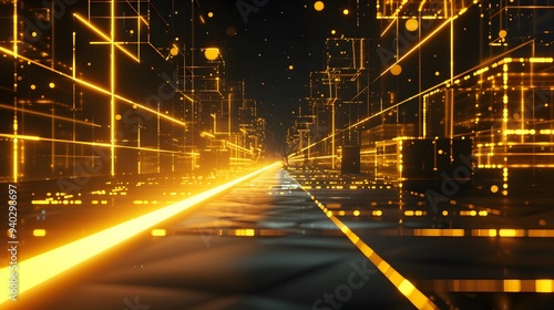 Futuristic Sci-Fi Digital Road with Glowing Cubes, Yellow Laser Beam on Dark Background photo