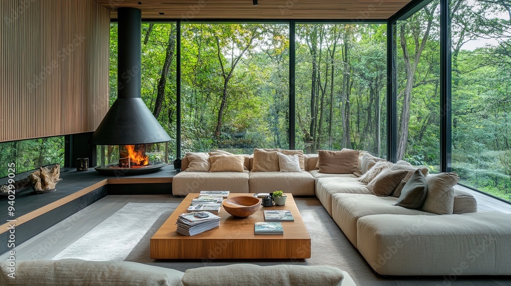 Cozy Modern Living Room Poster: Spacious Design with Large Fireplace, Floor-to-Ceiling Windows, and U-Shaped Sofa - Perfect for Refreshing Your Interior Style! Cozy Modern Living Room Poster: Spacious Design with Large Fireplace, Floor-to-Ceiling Windows, and U-Shaped Sofa - Perfect for Refreshing Your Interior Style!