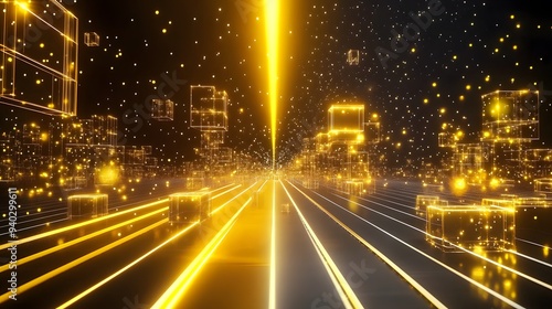 Yellow Laser Beam Illuminates Abstract Digital Road with Glowing Cubes on Black Background, Futuristic Sci-Fi Scene photo