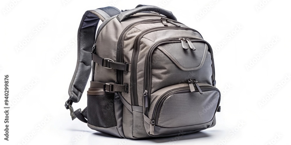 Fototapeta premium Grey sports backpack with multiple compartments and adjustable straps, sporty, backpack, gray, athletic, bag, pockets