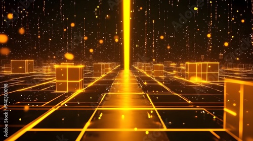 Yellow Laser Beam Illuminates Abstract Digital Road with Glowing Cubes on Black Background, Futuristic Sci-Fi Scene photo