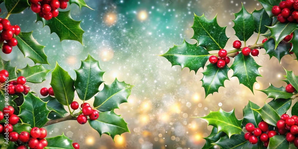 floral Christmas background with holly berries, green leaves, and sparkling accents, holiday, festive, winter, Christmas floral Christmas background with holly berries, green leaves, and sparkling accents, holiday, festive, winter, Christmas