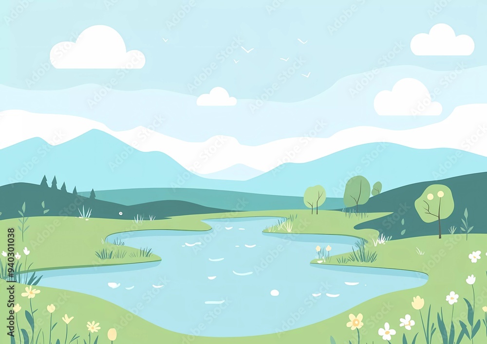 Flat vector illustration of a landscape with a river, a simple background, a blue and green color palette, Flat vector illustration of a landscape with a river, a simple background, a blue and green color palette,