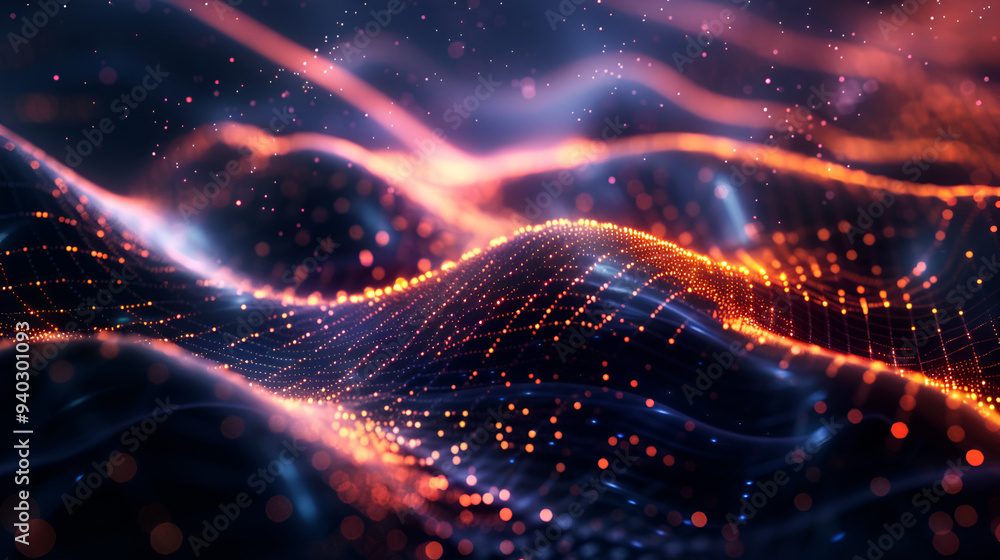 Abstract digital network with glowing particles and connecting lines, representing data flow, AI, and futuristic communication technology Abstract digital network with glowing particles and connecting lines, representing data flow, AI, and futuristic communication technology
