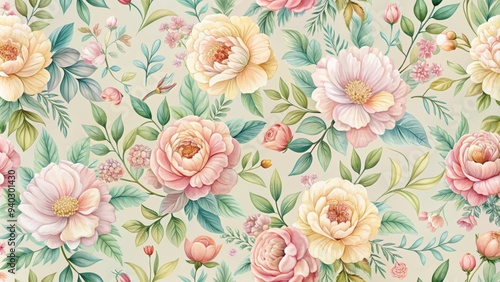 Seamless pattern with delicate flowers in pastel colors, floral, background, texture, botanical, repetitive, garden, elegant