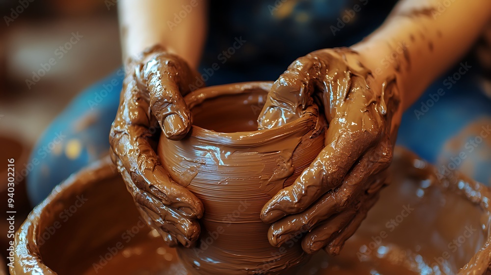 Earth and Hands: The Art of Pottery - A close-up captures the tactile beauty of clay molding, as skilled hands shape a vessel on a potter's wheel. Earth and Hands: The Art of Pottery - A close-up captures the tactile beauty of clay molding, as skilled hands shape a vessel on a potter's wheel.