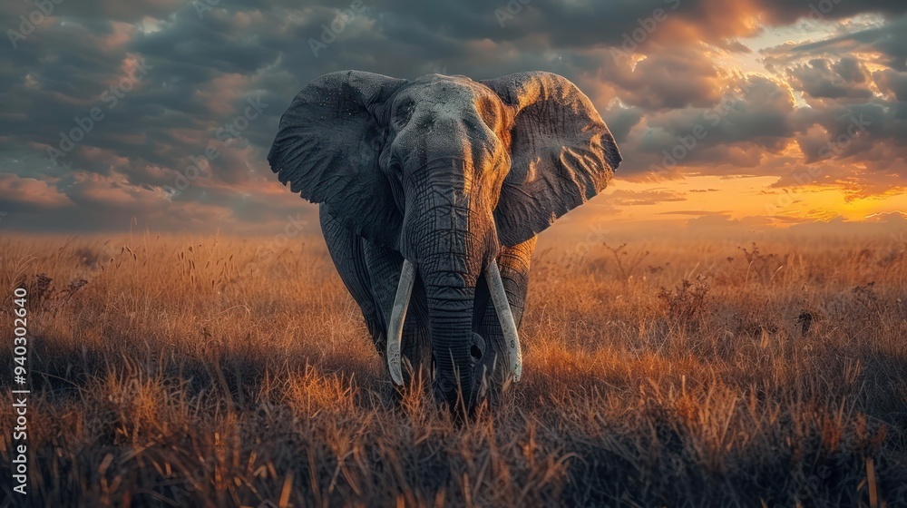 Fototapeta premium A majestic elephant silhouette stands tall in the grassy plains as the sun rises,