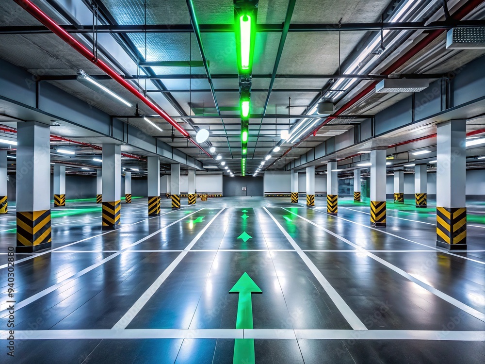 A sleek, modern parking garage features a dynamic guidance system with bright LED lights and arrows, efficiently directing vehicles to available parking spaces. A sleek, modern parking garage features a dynamic guidance system with bright LED lights and arrows, efficiently directing vehicles to available parking spaces.