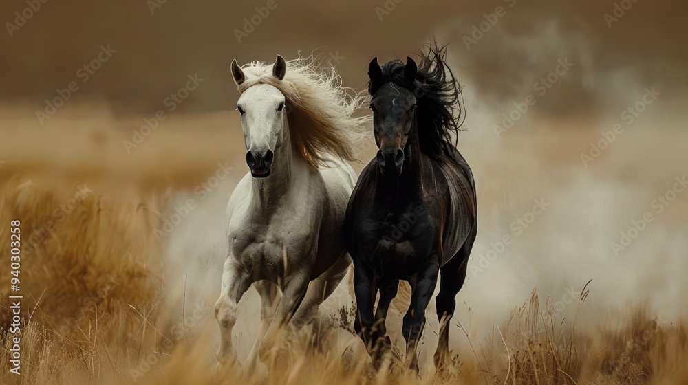 Obraz premium Two wild horses galloping side by side in a dusty field,
