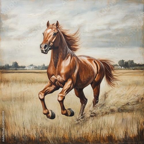 A Chestnut Horse Galloping Through a Field, Oil Painting, Brown and Tan Hues, Rural Landscape, horse art, equine painting, oil painting