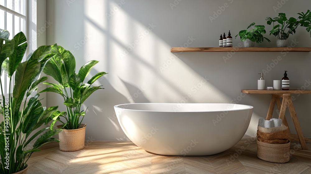 Elegant Contemporary Bathroom Poster: Embrace Minimalism with a White Oval Bathtub, Wooden Accents, and Lush Greenery for a Tranquil Home Aesthetic Elegant Contemporary Bathroom Poster: Embrace Minimalism with a White Oval Bathtub, Wooden Accents, and Lush Greenery for a Tranquil Home Aesthetic
