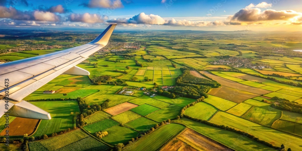 Obraz premium Aerial view of lush Dublin fields with aircraft wing in foreground, Ireland, Dublin, fields, aerial view, aircraft, wing