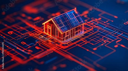 A house is shown in a computer generated image with red and blue lines