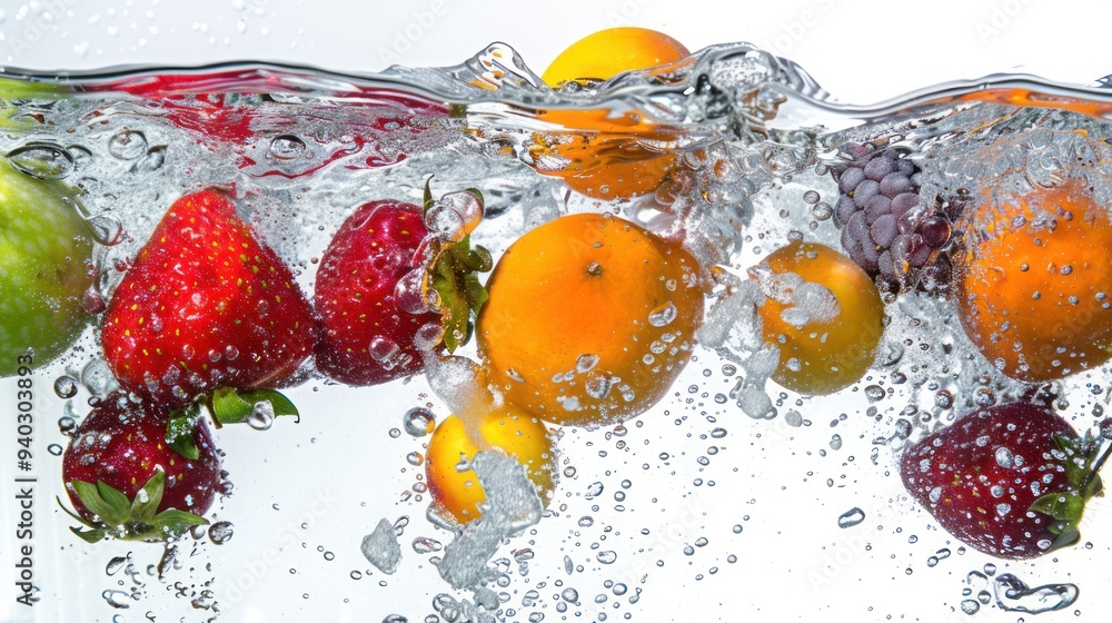 various fruits falling from a height, splashing into water, with fresh detail, isolated on a white background various fruits falling from a height, splashing into water, with fresh detail, isolated on a white background