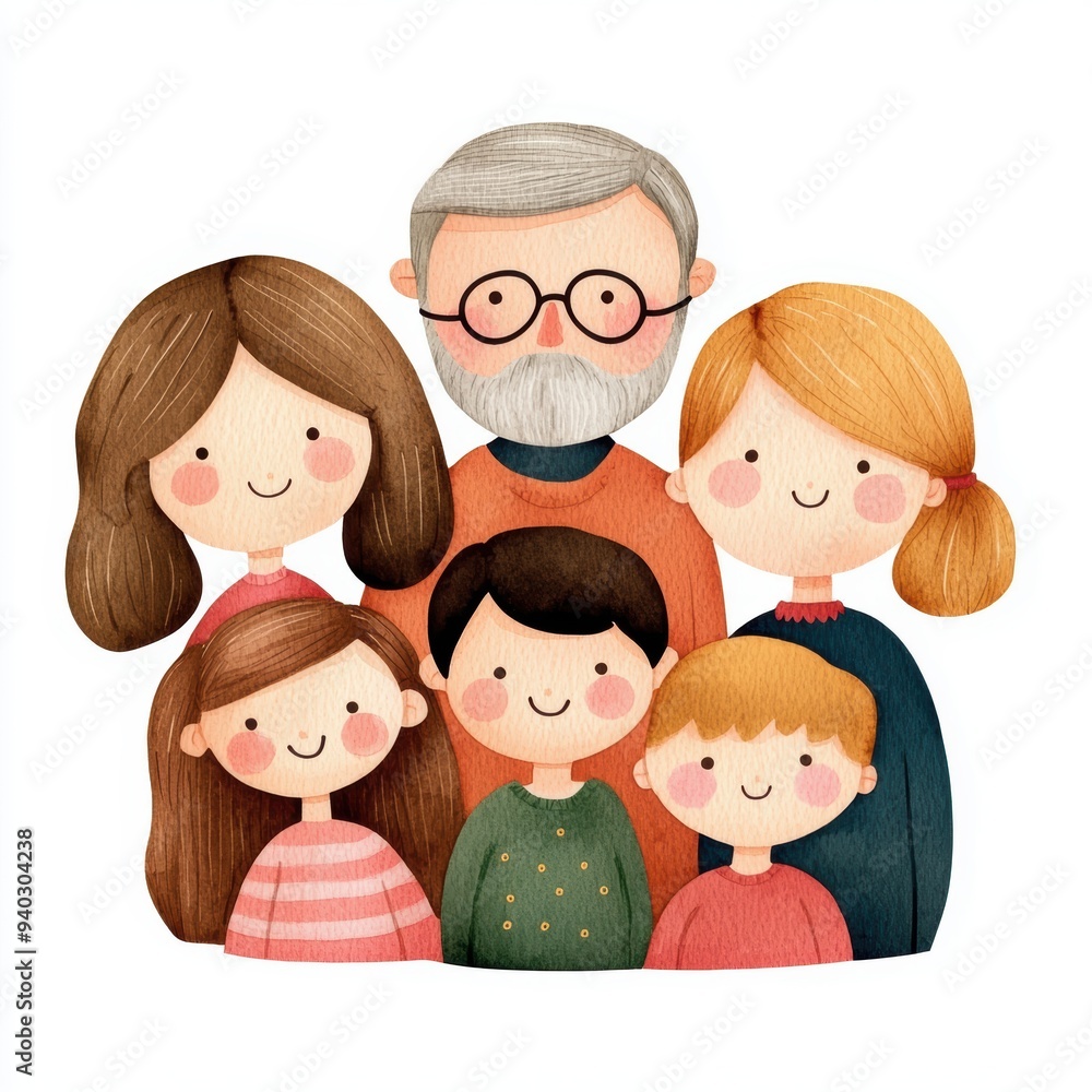 Whimsical illustration of a happy family consisting of grandparents and children, showcasing love and togetherness. Whimsical illustration of a happy family consisting of grandparents and children, showcasing love and togetherness.