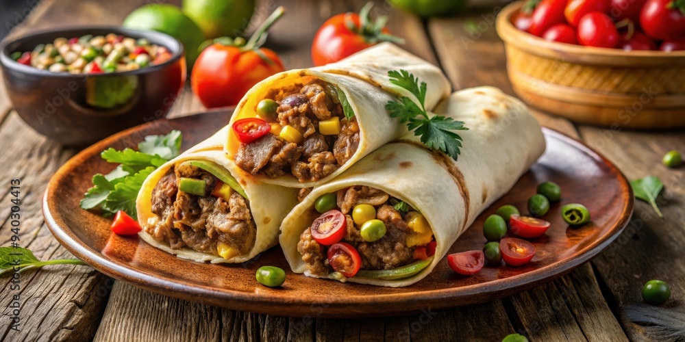 Rustic Mexican beef burrito garnished with fresh ingredients on a elegant serving plate, food, Mexican, beef, burrito, rustic Rustic Mexican beef burrito garnished with fresh ingredients on a elegant serving plate, food, Mexican, beef, burrito, rustic