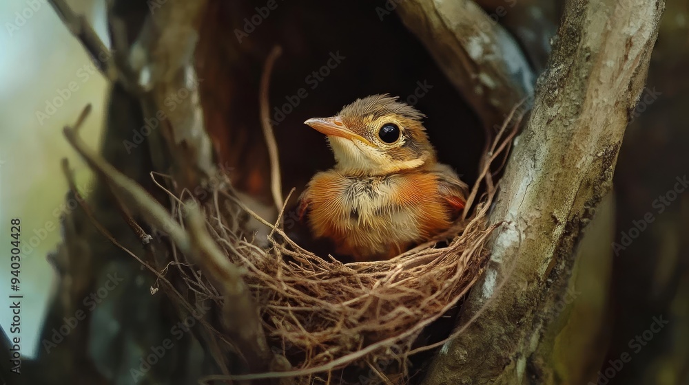 A Tiny Birdling Peeking from a Nest in a Tree, Bird, Nest, Nature, Wildlife A Tiny Birdling Peeking from a Nest in a Tree, Bird, Nest, Nature, Wildlife