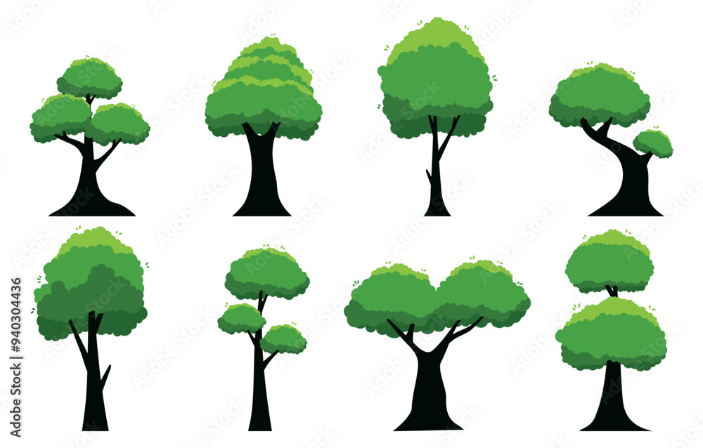 Fototapeta premium Green tree. Collection of tree isolated on a white background. Each species of trees. A tree with green leaves. Nature or healthy lifestyle topics. Vector illustration flat design style