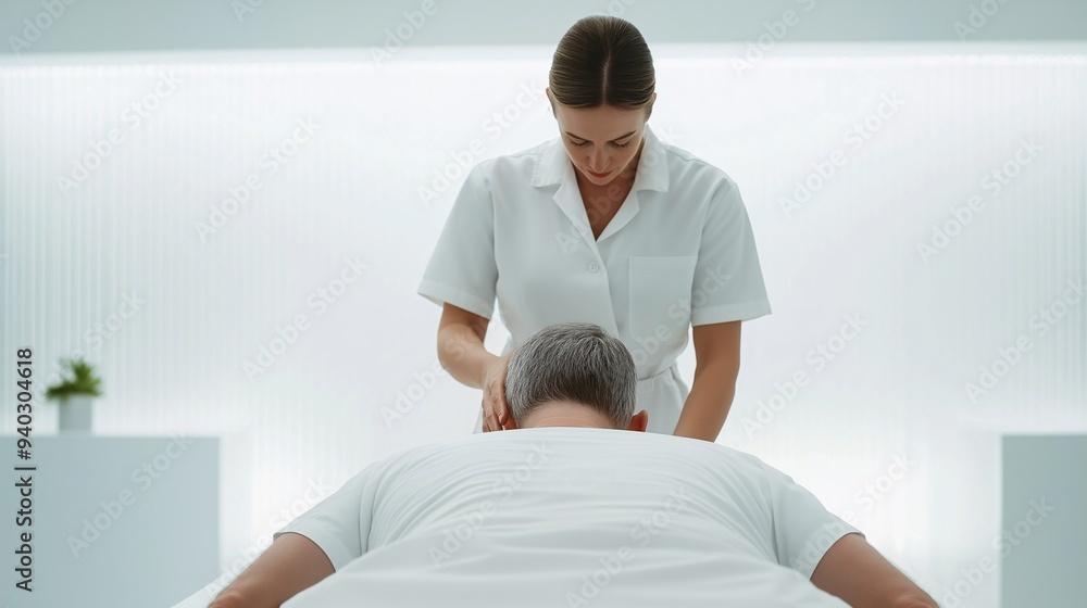 Obraz premium Relaxation and Recovery: A skilled masseuse gently kneads the shoulders of a relaxed client, offering a moment of tranquility and rejuvenation. 