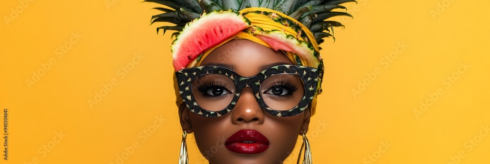 A beautiful black woman with a bright smile wears a colorful headwrap made of pineapple and watermelon. She is wearing bold sunglasses and earrings. This image conveys a sense of fun, summer, and trop A beautiful black woman with a bright smile wears a colorful headwrap made of pineapple and watermelon. She is wearing bold sunglasses and earrings. This image conveys a sense of fun, summer, and trop