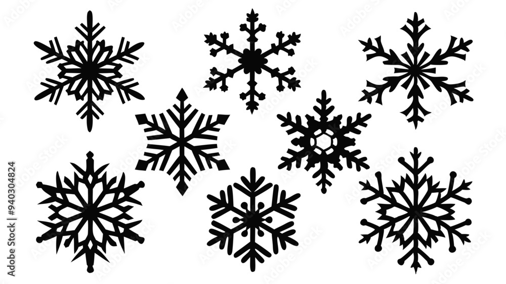 Snowflake silhouettes set. Snowflake symbols. Snow icon. Vector illustration Snowflake silhouettes set. Snowflake symbols. Snow icon. Vector illustration