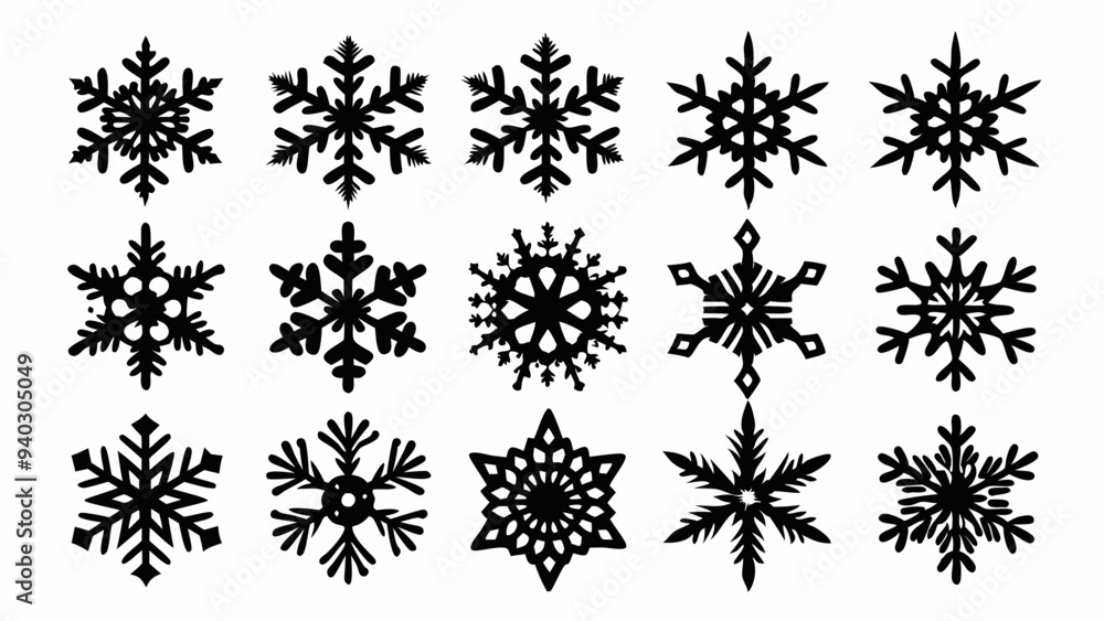 Snowflake silhouettes set. Snowflake symbols. Snow icon. Vector illustration Snowflake silhouettes set. Snowflake symbols. Snow icon. Vector illustration