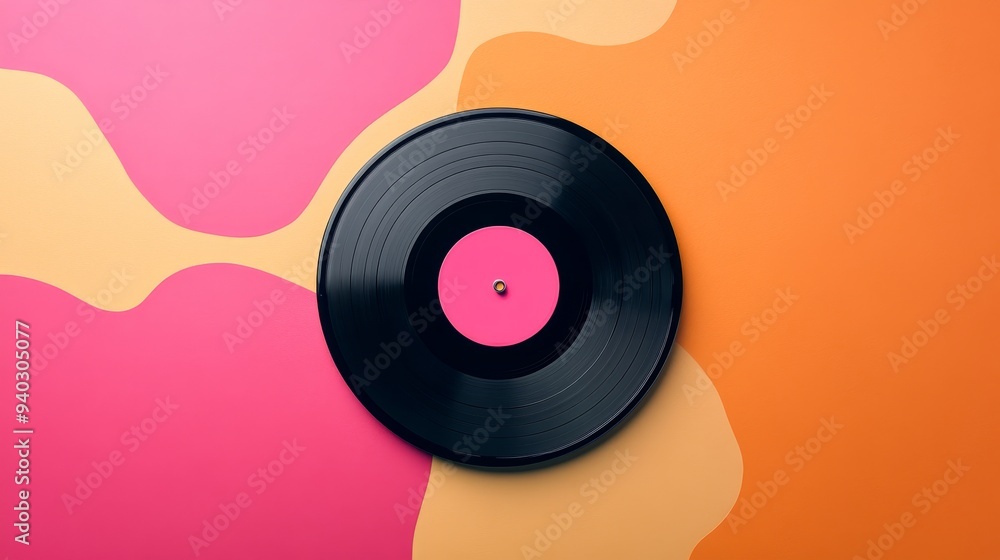 A black vinyl record sits on a vibrant, abstract background of pink, orange, and yellow. The record symbolizes music, nostalgia, vintage style, creativity, and the joy of listening to music. A black vinyl record sits on a vibrant, abstract background of pink, orange, and yellow. The record symbolizes music, nostalgia, vintage style, creativity, and the joy of listening to music.