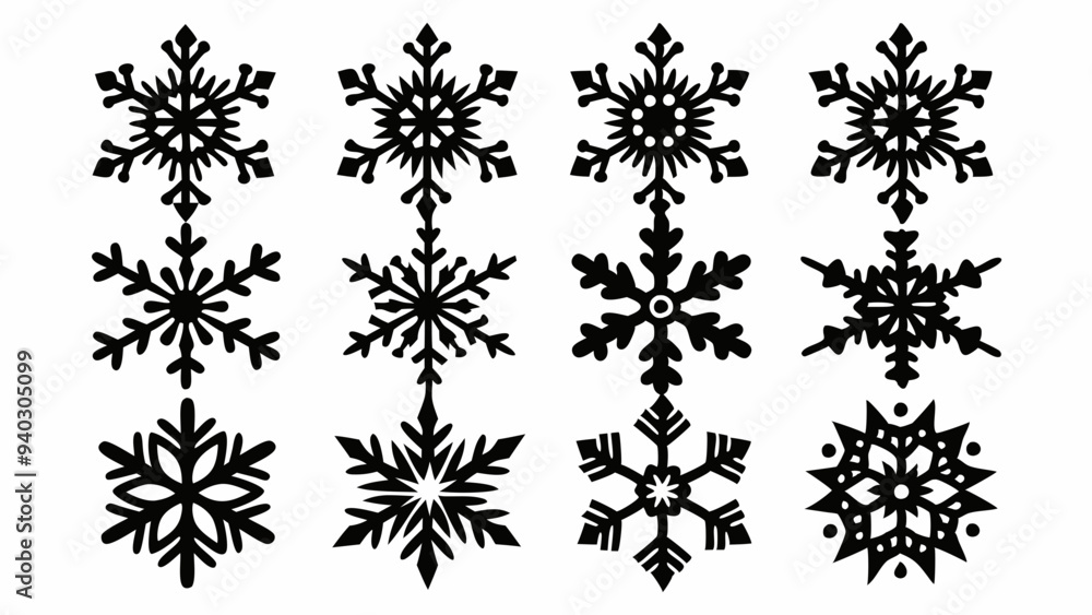 Snowflake silhouettes set. Snowflake symbols. Snow icon. Vector illustration Snowflake silhouettes set. Snowflake symbols. Snow icon. Vector illustration