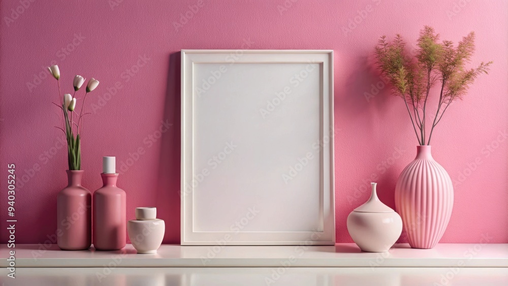 Stylish mock-up poster frame displayed on a pink wall with decorative vases for interior design inspiration Stylish mock-up poster frame displayed on a pink wall with decorative vases for interior design inspiration