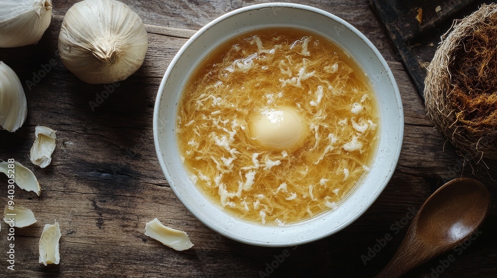 A bowl of traditional Birds Nest Soup, made from the nests of swiftlets, with a poached egg for added richness. The soup is known for its delicate flavor, silky texture, and purported health benefits. A bowl of traditional Birds Nest Soup, made from the nests of swiftlets, with a poached egg for added richness. The soup is known for its delicate flavor, silky texture, and purported health benefits.
