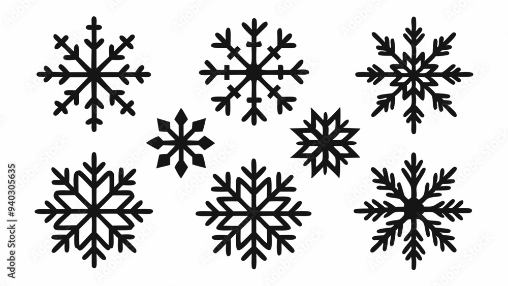 Snowflake silhouettes set. Snowflake symbols. Snow icon. Vector illustration Snowflake silhouettes set. Snowflake symbols. Snow icon. Vector illustration