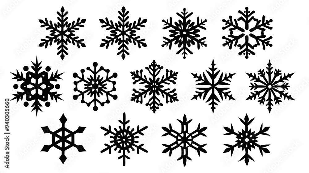 Snowflake silhouettes set. Snowflake symbols. Snow icon. Vector illustration Snowflake silhouettes set. Snowflake symbols. Snow icon. Vector illustration