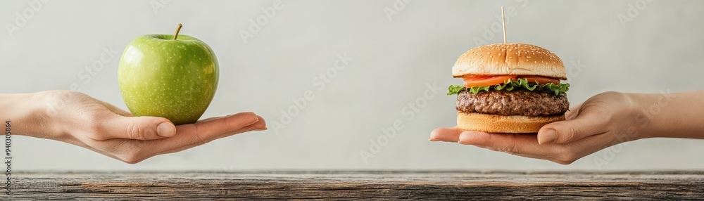 A choice between a healthy apple and a tempting burger, symbolizing the balance between nutrition and indulgence. A choice between a healthy apple and a tempting burger, symbolizing the balance between nutrition and indulgence.