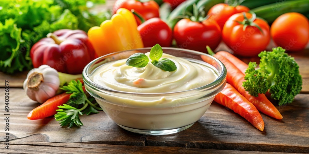 Creamy mayo dip in a glass bowl surrounded by fresh vegetables , mayonnaise, dip, creamy, condiment, glass bowl, vegetables Creamy mayo dip in a glass bowl surrounded by fresh vegetables , mayonnaise, dip, creamy, condiment, glass bowl, vegetables