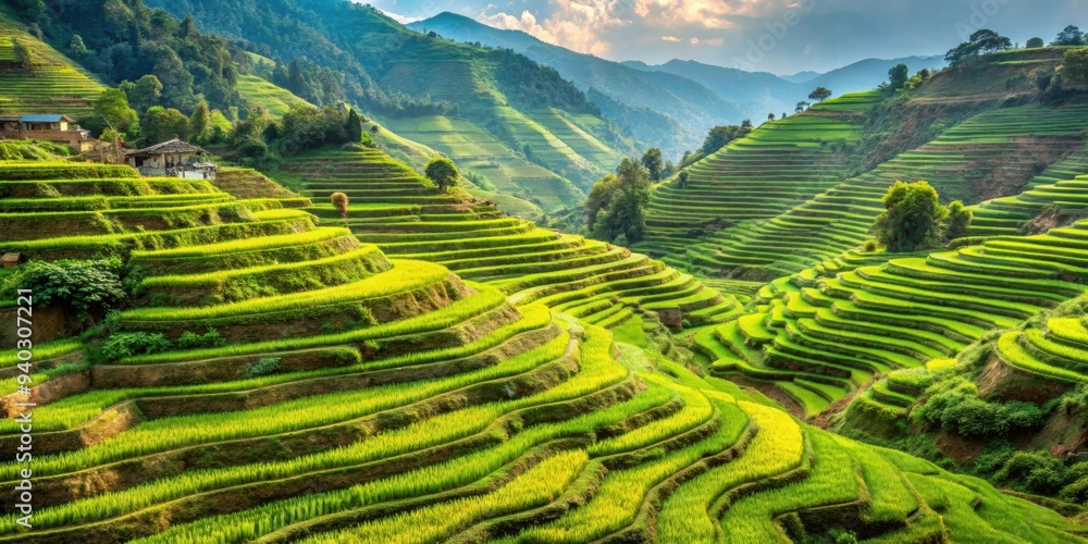Terraced field in the Himalayas with lush green crops growing, Himalayas, agriculture, terraced, field, crops, farming Terraced field in the Himalayas with lush green crops growing, Himalayas, agriculture, terraced, field, crops, farming