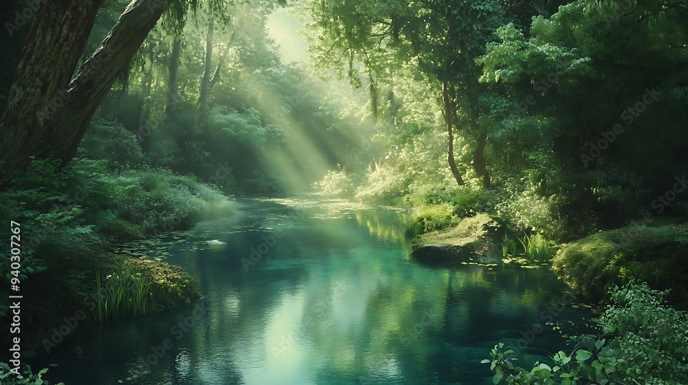 Sunlit Serenity: A pristine stream meanders through a vibrant green forest, bathed in the ethereal glow of dappled sunlight. Sunlit Serenity: A pristine stream meanders through a vibrant green forest, bathed in the ethereal glow of dappled sunlight.