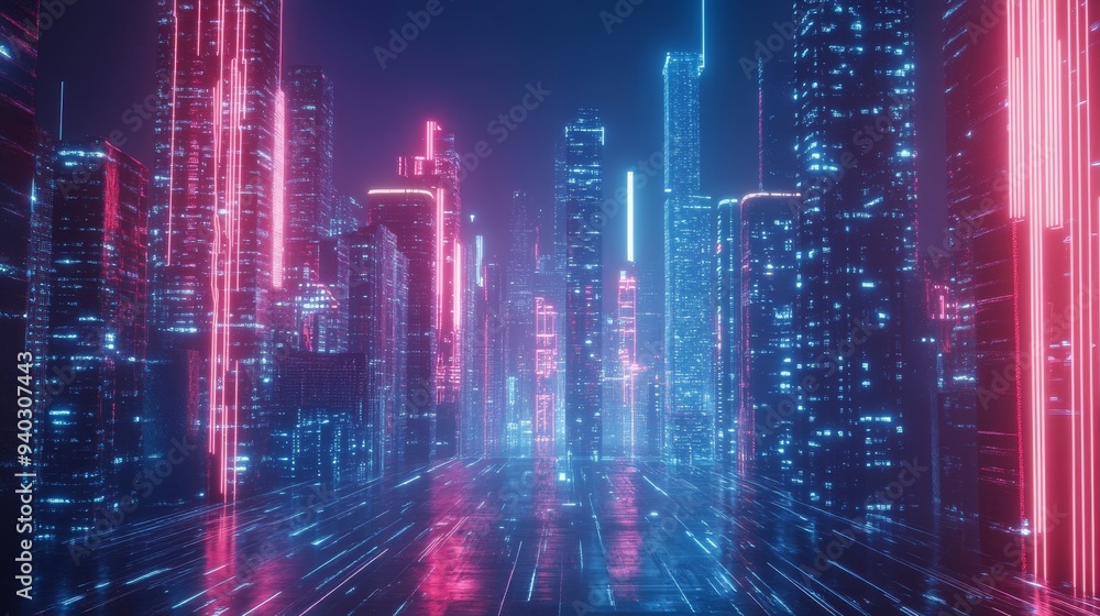 A captivating futuristic cityscape bathed in vibrant neon lights, showcasing towering holographic skyscrapers that reflect the city's energy and technological advancement. The vibrant colors symbolize A captivating futuristic cityscape bathed in vibrant neon lights, showcasing towering holographic skyscrapers that reflect the city's energy and technological advancement. The vibrant colors symbolize