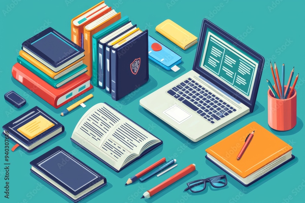 Illustration of educational learning tools set on table created with Generative AI Illustration of educational learning tools set on table created with Generative AI